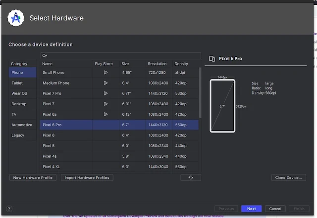 Select the model of smartphone to install android 15 in android studio