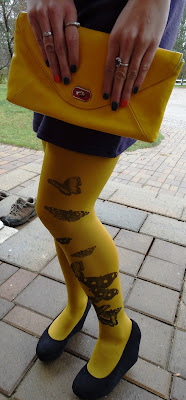 yellow butterfly Zohara tights with The Embellished Room purple dress, H&M Sunglasses and wedged heeled shoes, vintage clutch, Shop For Jayu collar necklace, toronto fashion and style colour blocking