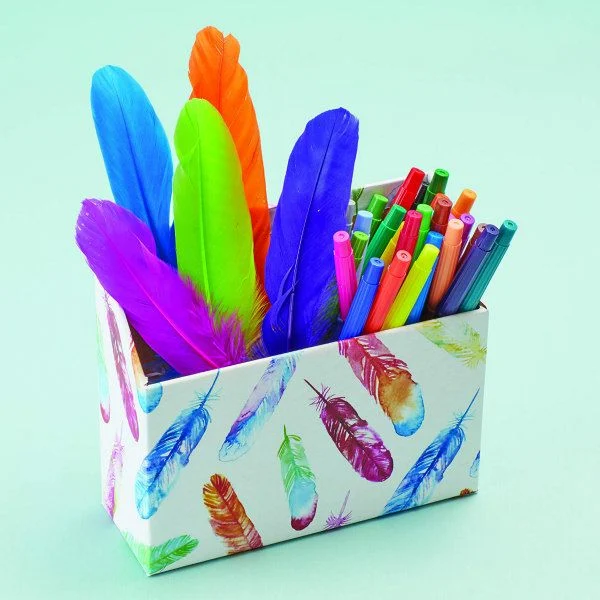 feathers gift wrap paper covers a pencil box filled with colorful markers and feathers