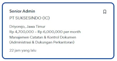 Peluang Karir di PT SUKSESINDO (IC) Sebagai Senior Admin Area Driyorejo