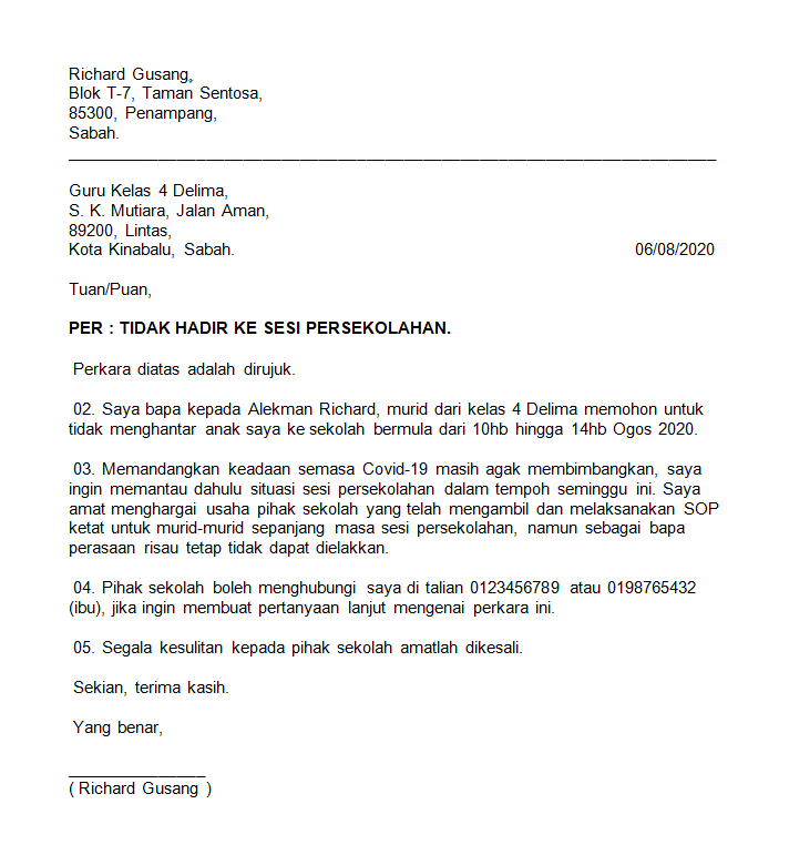 Contoh Surat Rasmi Pemakluman Anak Tidak Hadir Ke Sekolah Kerana COVID19.