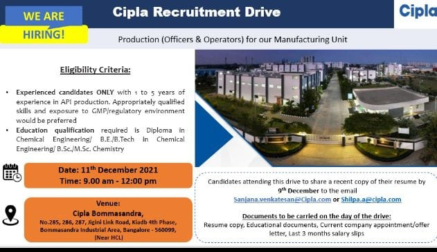 Job Availables,Cipla Job Vacancy For Diploma In Chemical Engineering/ B.E./ B.Tech In Chemical Engineering/ BSc/ MSc Chemistry