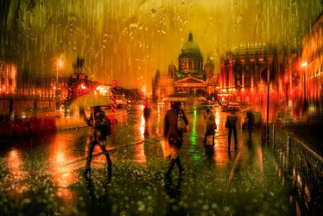 acrylic paintings of rainy cityscapes