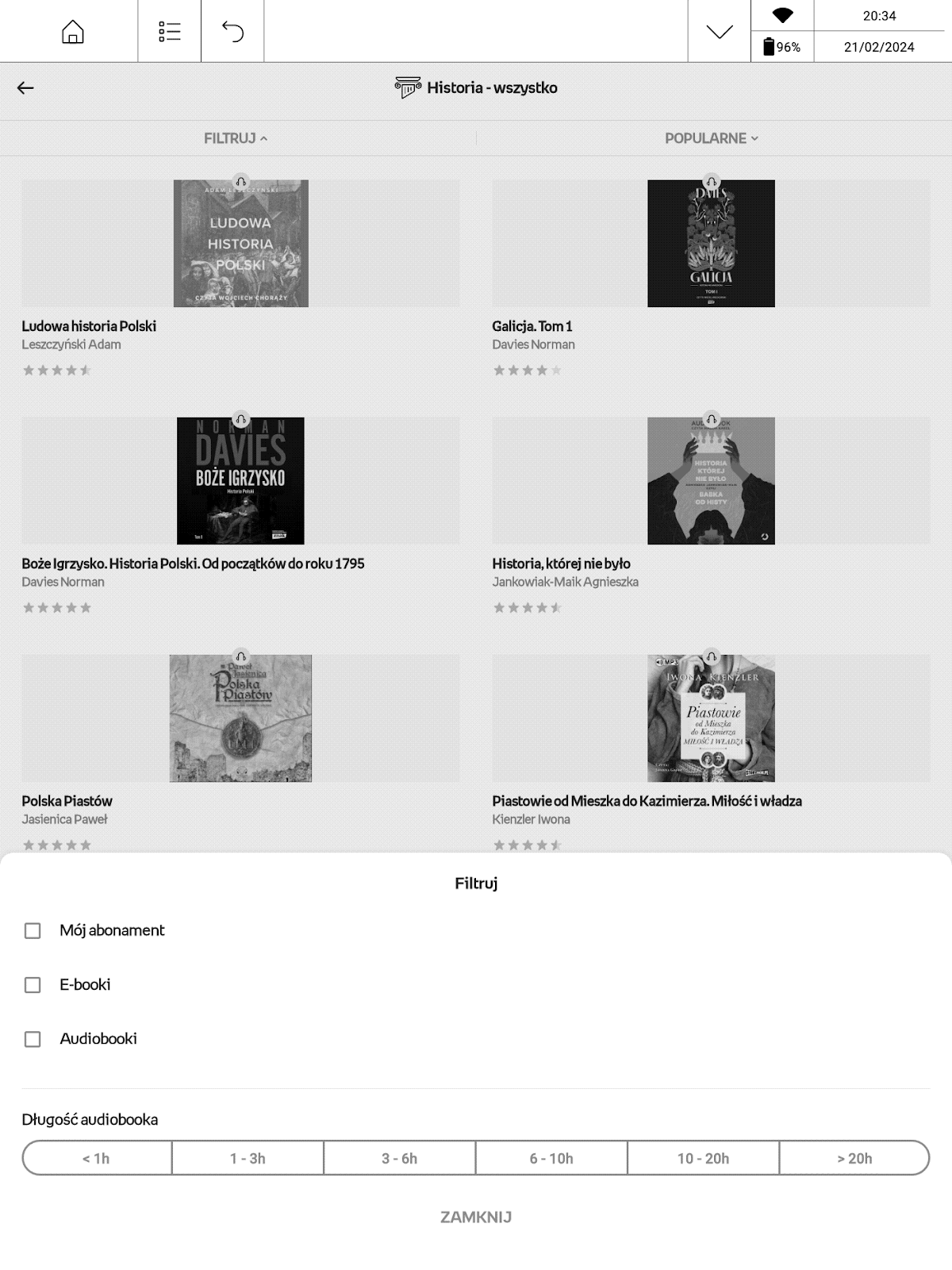 Opcje filtrowania kategorii książek w aplikacji Empik Go na PocketBook InkPad X Pro