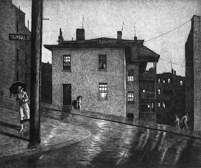 a Martin Lewis print of a rainy street at night