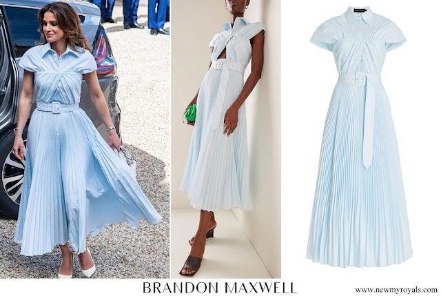 Queen Rania wore BRANDON MAXWELL Blue Draped Cotton Midi Shirt Dress