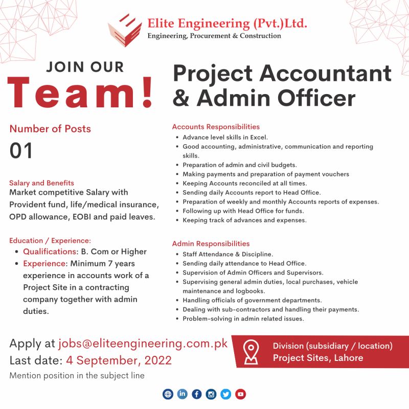 Elite Engineering Pvt Ltd Jobs For Project Accountant & Admin Officer