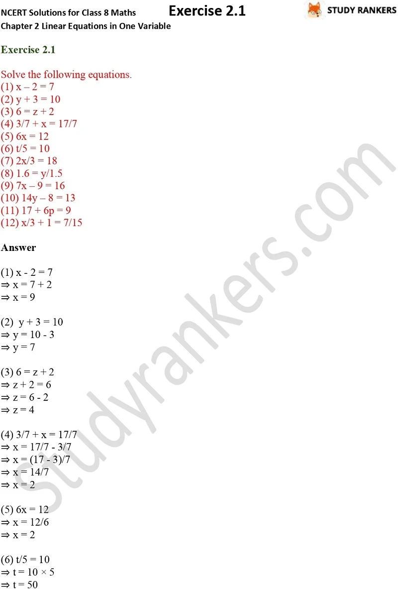 NCERT Solutions for Class 8 Maths Chapter 2 Linear Equations in One Variable Exercise 2.1 Part 1