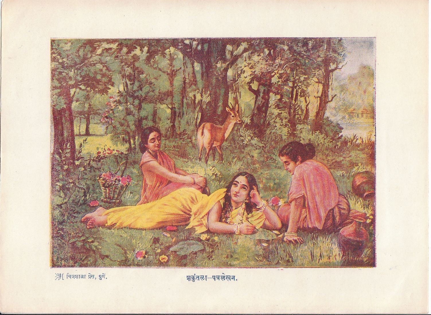 Shakuntala Writing a Letter - Indian Lithograph,  Chitrashala Press, Pune c1920-30