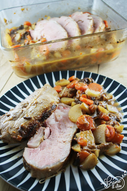 Rôti de Noir de Bigorre Légume Pommes de Terre Carotte Pruneaux Piment d'Espelette Recette