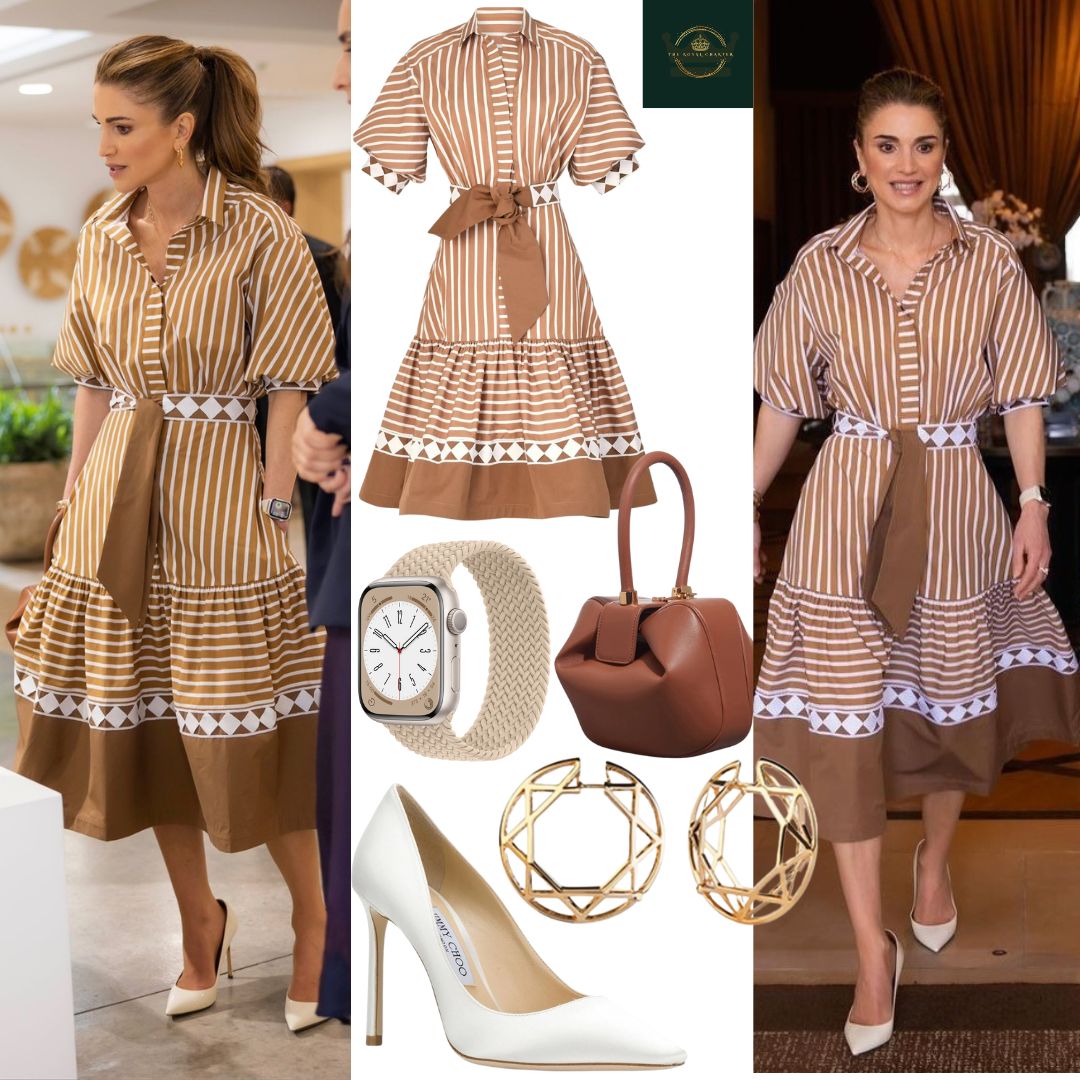 Queen Rania of Jordan wore a Silvia Tcherassi dress with Fabio Salini earrings, a Gabriela Hearst bag and Jimmy choo pumps. Photo by The Royal Charter