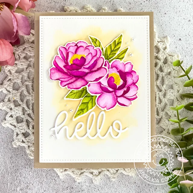 Sunny Studio Stamps: Pink Peonies Hello Word Die Hello Card by Angelica Conrad