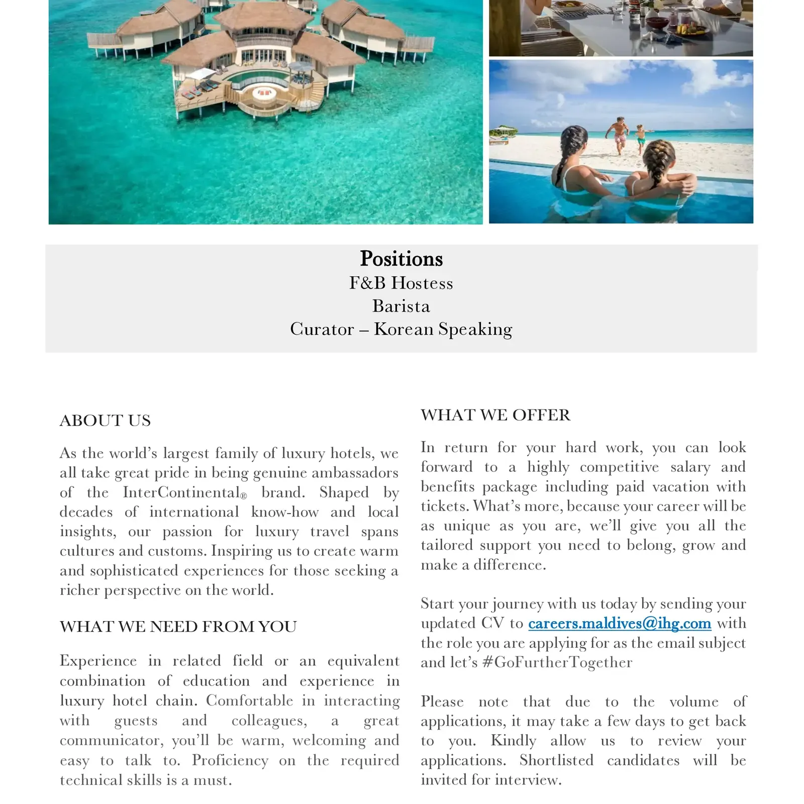 image of F&B Hostess, Barista & Curator (Korean Speaking) Job Vacancy at InterContinental Maldives Maamunagau Resort job advert