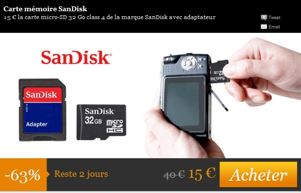 15 € la carte micro-SD 32 Go class 4 de la marque SanDisk avec adaptateur     