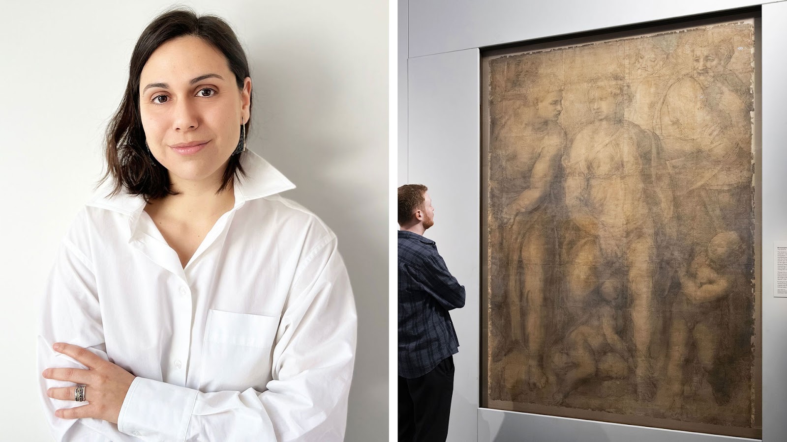 Αριστερά, στα 37 της η Θεοδώρα Πυρογιάννη, σχεδιάστρια μουσειακών εκθέσεων, έχει ήδη στο ενεργητικό της τον σχεδιασμό τεσσάρων σημαντικών παραγωγών του Βρετανικού Μουσείου. Δεξιά, επισκέπτης μπροστά στο μνημειακό έργο «Epifania» του Μιχαήλ Αγγελου, που θεωρείται ένα από τα μεγαλύτερα έργα της Αναγέννησης σε χαρτί και αποτελείται από 26 κομμάτια χαρτονιού. [Credit: The Trustees of the British Museum]