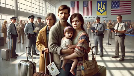 Украинские семьи в иммиграционном офисе в США, с тревожными выражениями лиц, держащие документы и багаж, на фоне американских флагов и офицеров в форме. Иммиграция в США, политическое убежище, отмена TPS.
