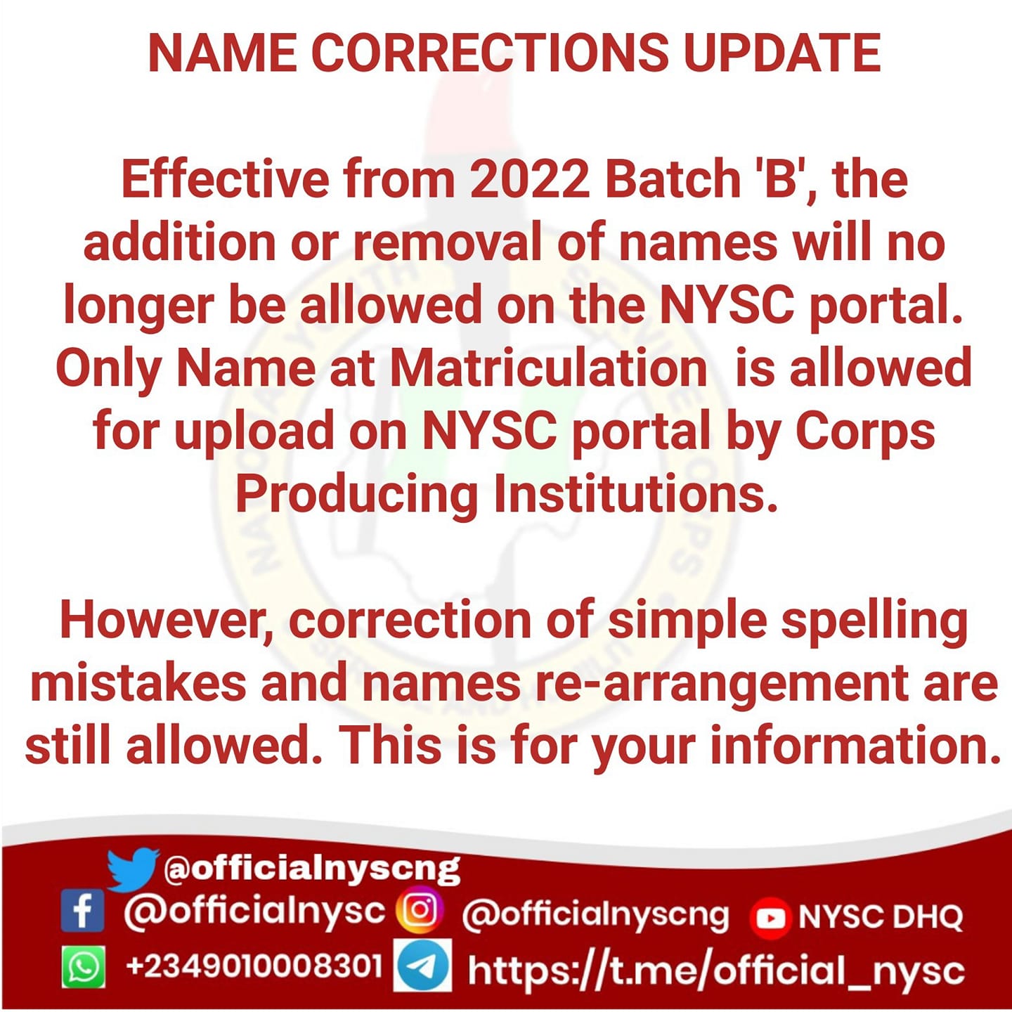 2022 NYSC Batch 'B' Registration Errors Correction | Stream I, II