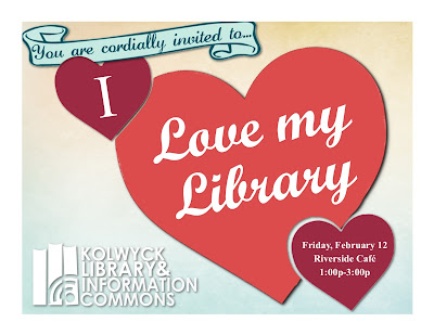 Red hearts, advertising I Love My Library Event Feb 12 1:00p-3:00p