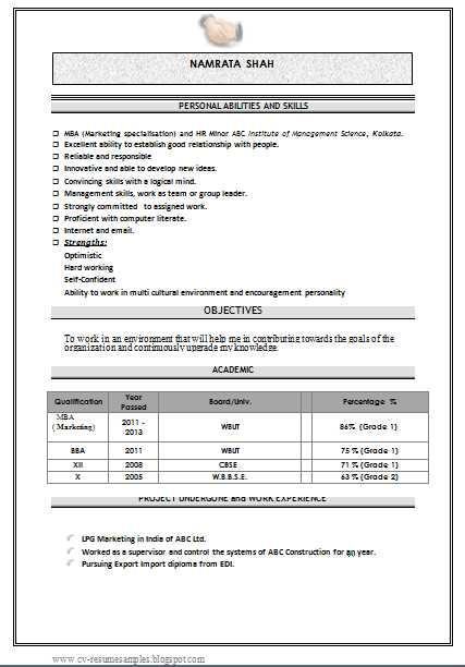 MBA Marketing Fresher Resume Sample Doc