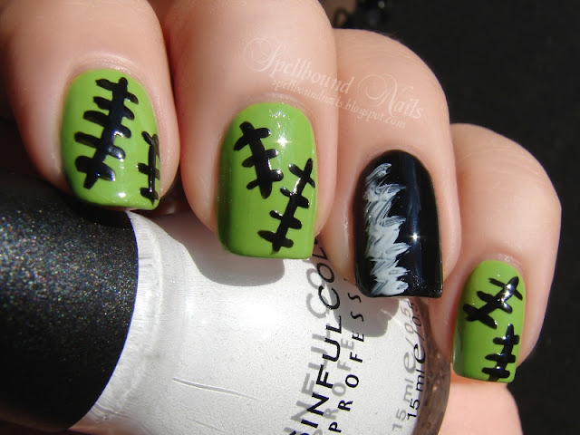 nails nailart nail art polish mani manicure Spellbound Nail-Aween Halloween Challenge Frankenstein Bride of hair black white green stitched stitching stitch Sinful Colors Sally Hansen L.A. Colors