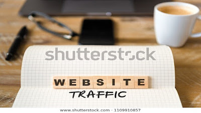 Webside traffic words on a white background, black pen, folded eye glasses, mobile phone and a white mug on top of a brown work table.