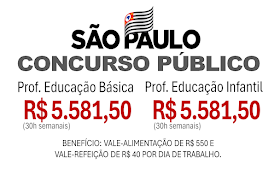 Concurso Público para Prefessores de Educação Infantil e PEB I. Salário de R$ 5.581,50 a R$ 6.153,60