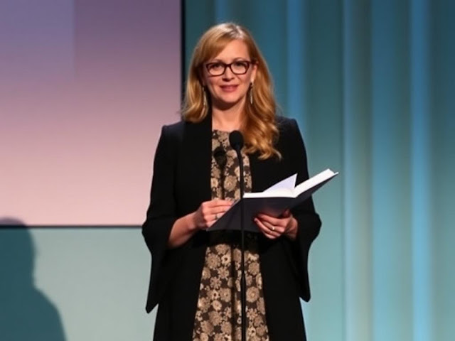 "J.K. Rowling receiving an award for her contributions to literature."