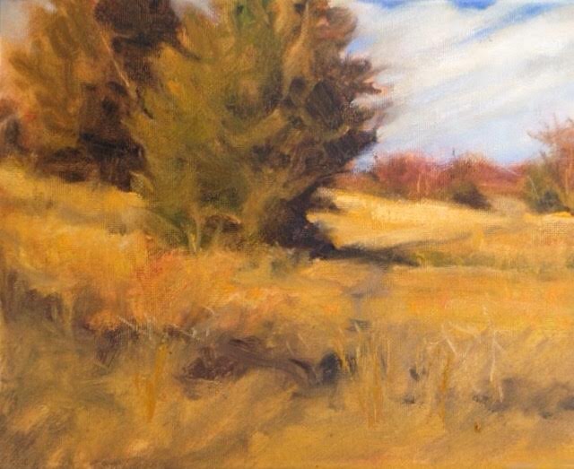 cedar trees, oil painting, art, margaret aycock, prairie, oklahoma