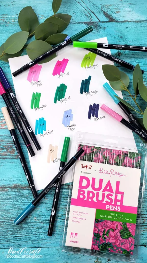 Look at this amazing new color palette curated by Lilly Pulitzer!   Lilly Pulitzer created special barrel names for this Dual Brush Pens Set: Rattan, Alba Blue, Frenchie Blue, Aqua Palma, Teal Jungle, Evergreen, Kelly Green, Fronds Green, Cerise Pink, and Poinciana Pink.    I love the Cerise Pink and the Aqua Palma!