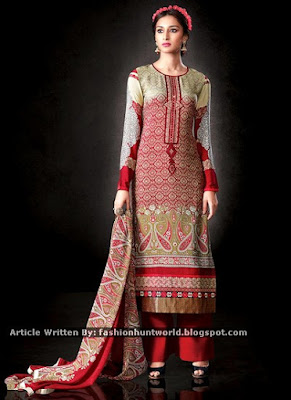 Beige n Red Shaded Printed Straight Suit / Black Georgette Straight Pant