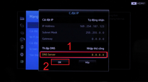 hập thông số DNS của Google (8.8.8.8) và nhấn OK