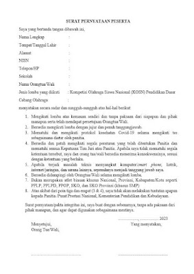 contoh Surat Pernyataan Peserta O2SN