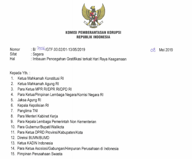  Surat Edaran KPK Tentang Imbauan Pencegahan Gratifikasi Lebaran  SURAT EDARAN KPK TENTANG HIMBAUAN PNS TIDAK MENERIMA GRAFITASI DAN TIDAK MENGGUNAKAN MOBIL DINAS UNTUK MUDIK LEBARAN