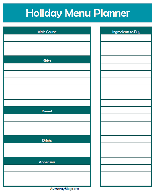 Free printable Holiday meal planner