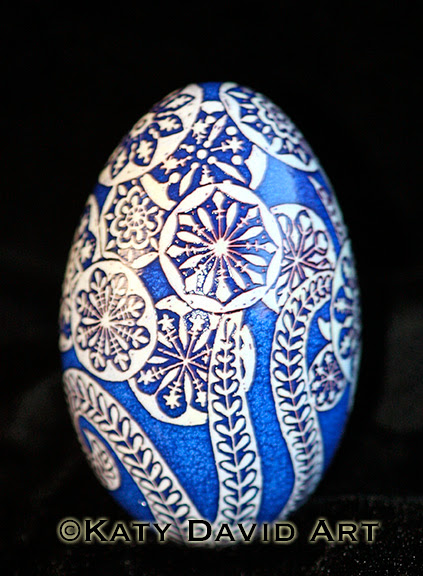 Etched Goose Egg Pysanka in Cobalt and White, Moonlight Garden