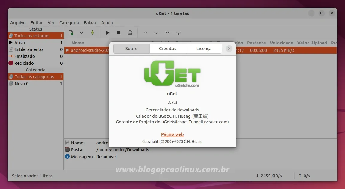 uGet executando no Ubuntu 22.04 LTS (Jammy Jellyfish)