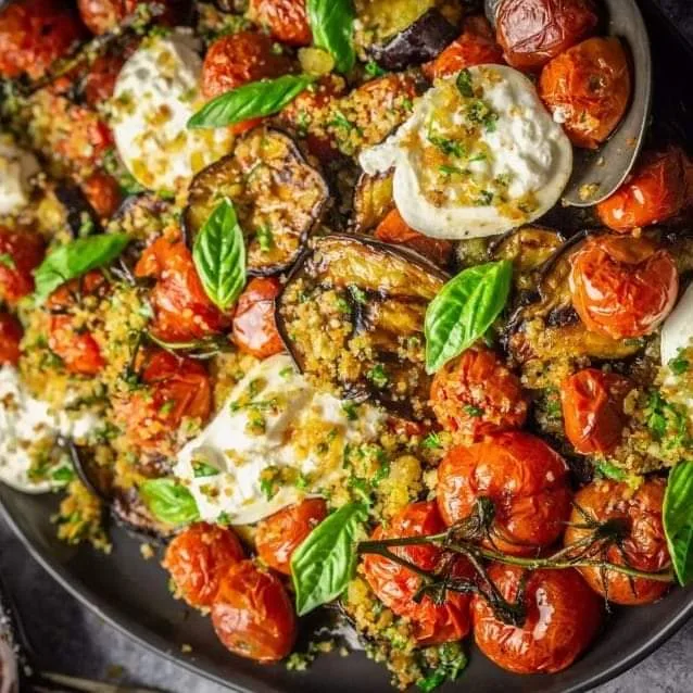 Grilled Eggplant, Roasted Tomatoes and Burrata Cheese with Garlic Herb Breadcrumbs