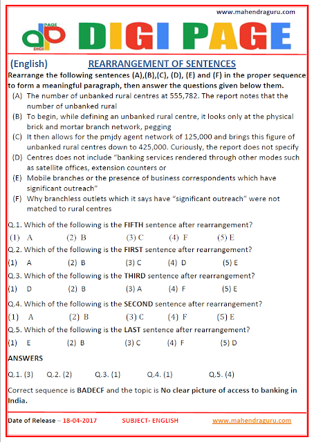 DP | REARRANGEMENT OF SENTENCES | 18 - APR - 17 | IMPORTANT FOR SBI PO