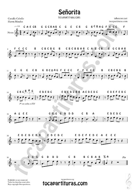 Easy English Notes Sheet Music Señorita for Treble Clef Instruments (Violins, flute, recorder, trumpet, clarinet, saxophone, horn, harmonica...