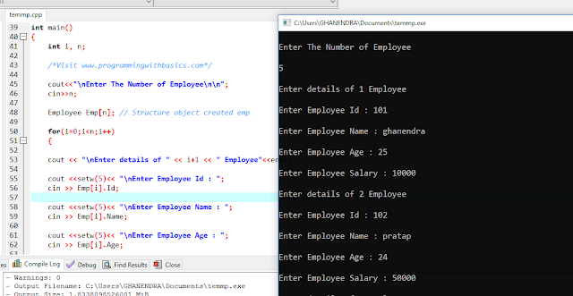 The Output in Employee Details Using Structure in C++