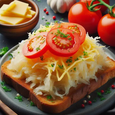 Auf dem Bild ist eine Scheibe Toastbrot mit einer Portion Sauerkraut überbacken mit Tomatenscheiben und Käse zu sehen. Ein sehr leckeres Reste- oder Abendessen.