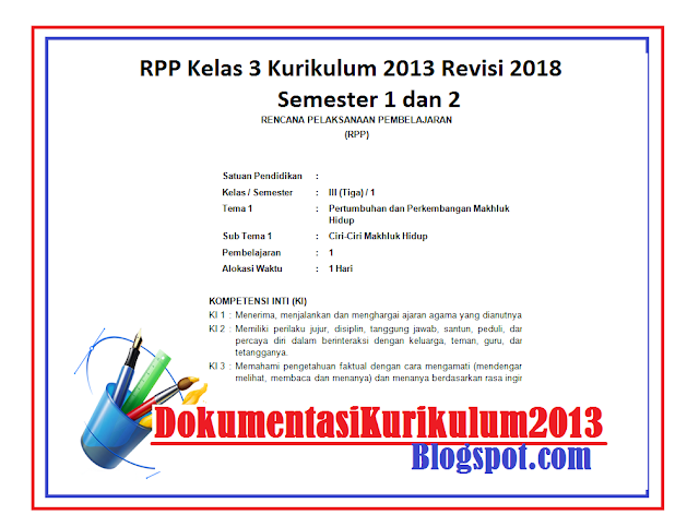 Download RPP Kelas 3 Kurikulum 2013 Revisi 2018 Semester 1 dan 2