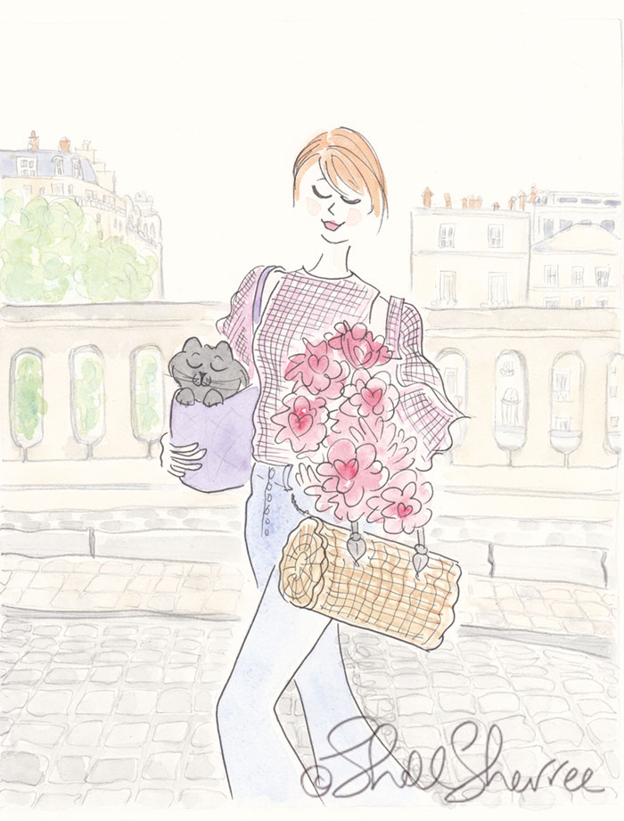 Paris Pink Gingham Cat Fashion illustration  © Shell Sherree all rights reserved