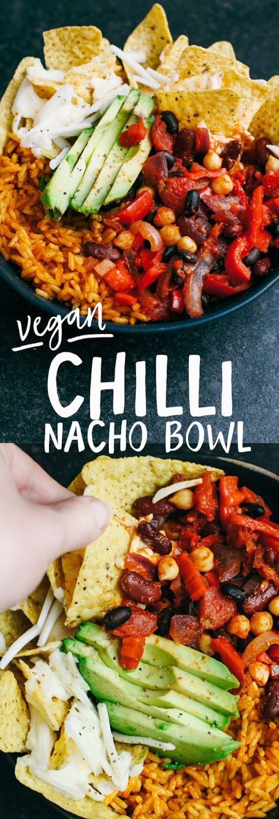 Bean chilli, rice, avocado and cheesy nachos in one delicious bowl!