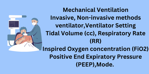 Mechanical Ventilation,Invasive, Non-invasive methods,ventilator,Ventilator Setting,Tidal Volume (cc), Respiratory Rate (RR), Inspired Oxygen concentration (FiO2), Positive End Expiratory Pressure (PEEP),Mode.