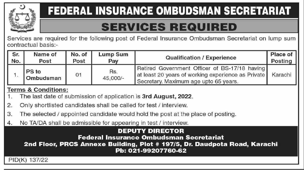 Latest Federal Insurance Ombudsman Secretariat Secretarial Posts Karachi 2022