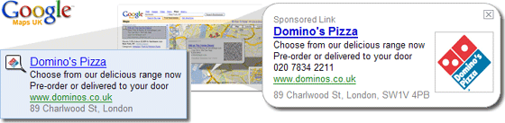 A local business ad for Domino's Pizza runs on Google Maps UK.