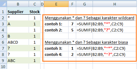 Fungsi SUMIF Wildcard Karakter Biasa