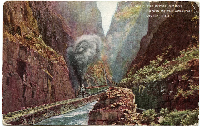 Hand colorized postcard with view of the Royal Gorge Canon in Colorado