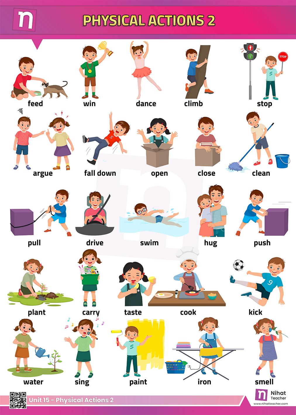 Action verbs in English.   Practise English Vocabulary. A PDF vocabulary poster worksheet about action verbs in English.  Use this poster about action verbs in English to learn or to teach English.  You can use it to decorate your English Class.